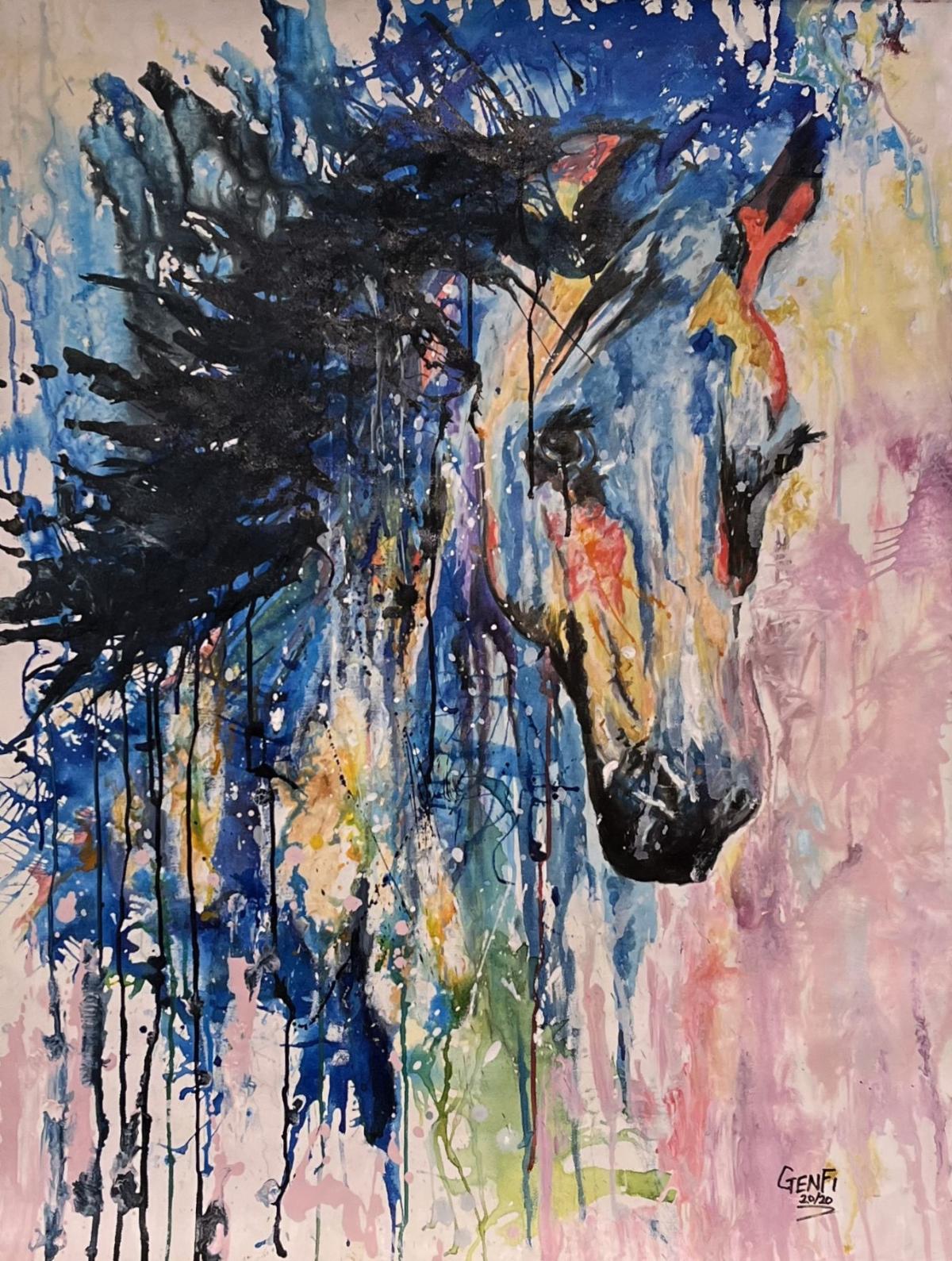 Expressive blue and pink horse painting by Kwaku Genfi.